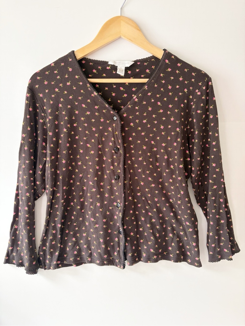 Charter Club Black Floral Button Front Top Cardigan Size Medium Cottagecore